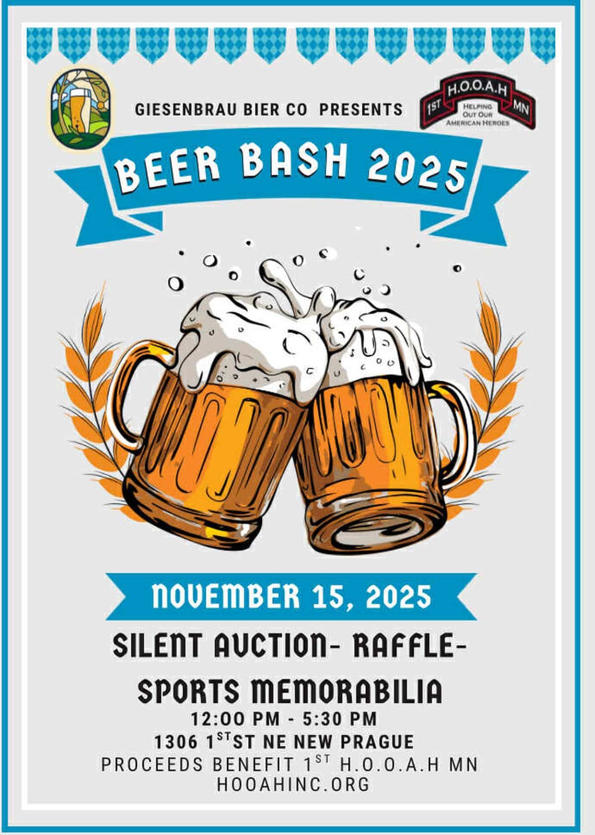 Beer Bash 2025 flyer with clinking beer mugs
